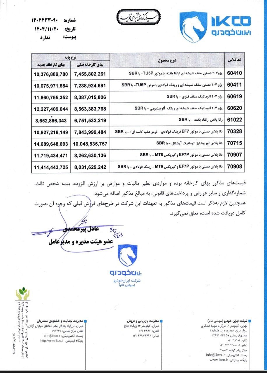 افزایش رسمی قیمت محصولات ایران‌خودرو در بهمن 1404