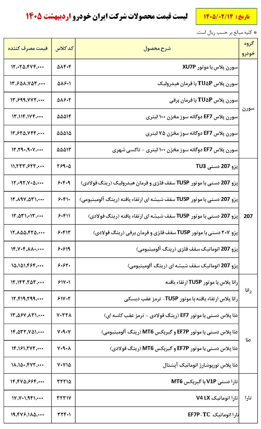 شرایط فروش ایران خودرو لیست قیمت محصولات ایرانخودرو در اردیبهشت ۱۴۰۵